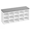 A white shoe rack bench with a gray cushion on top and 15 open compartments. Produktbild-Vorschau