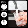 A hand holding a glass of water being filled by a faucet, with product feature callouts on the left. Produktbild-Vorschau