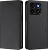 A black leather flip wallet case for a smartphone, shown from the front and back. Produktbild-Vorschau