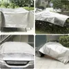 Collage of four images showing a silver tarp covering different items outdoors. Produktbild-Vorschau