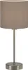 A table lamp with a taupe fabric shade and a silver metal base and stem, shown against a white background. Voir les images du produit
