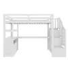A white loft bed with a desk and stairs against a white background. Produktbild-Vorschau