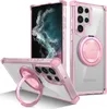 Three views of a pink and clear phone case with a ring holder, shown with a phone inside. Produktbild-Vorschau