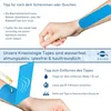 Instructions on how to use and remove kinesiology tape, with product branding. Produktbild-Vorschau