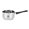 A stainless steel saucepan with a black handle is shown against a white background. Produktbild-Vorschau