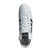 A top-down view of a white Adidas soccer cleat with black stripes. Produktbild-Vorschau