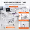 A multi-layer storage cart with various compartments and bins, featuring callouts for its features. Produktbild-Vorschau