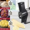 A collage showing an electric grater with different attachments, along with examples of food prepared with it. Produktbild-Vorschau