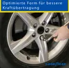 A hand is using a lug wrench to tighten a lug nut on a car wheel. The image has a blue and yellow overlay with text. Produktbild-Vorschau