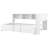 A white daybed with a bookshelf headboard and a pull-out trundle bed is shown against a white background. Produktbild-Vorschau