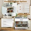 A collage of images showcasing a white kitchen cabinet with adjustable shelves and storage options. Produktbild-Vorschau