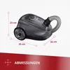 A vacuum cleaner with dimensions indicated by dotted lines and measurements. Produktbild-Vorschau
