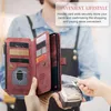 A person is holding a red wallet-style phone case with cards inside, while another person is using a credit card on a payment terminal. Produktbild-Vorschau