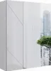 A modern white bathroom cabinet with a geometric design, placed next to a window with a view of city buildings and a tree. Náhled obrázku produktu