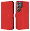 A red flip case for a Samsung Galaxy S24 Ultra phone, shown from the front and back.