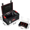 A black tool box with its lid open, next to a smaller organizer box. Dimensions are shown with white text and lines. Náhled obrázku produktu
