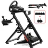 A gaming steering wheel stand with a steering wheel, shifter, and pedals attached. Produktbild-Vorschau