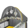A close-up view of the top section of a baby crib/playpen, showing the canopy and hanging toys. Náhled obrázku produktu