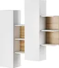 A modern white shelving unit with wood accents, shown against a white background. Produktbild-Vorschau