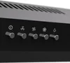 A close-up view of the control panel of a black kitchen range hood, showing five silver knobs and icons representing power, fan speed, and light. Podgląd zdjęcia produktu