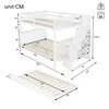 A diagram showing the dimensions of a white bunk bed with a pull-out bed and stairs. Voir les images du produit