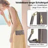 A woman is wearing a gray crossbody phone case with a strap. Close-up shots highlight the strap and zipper details. Produktbild-Vorschau