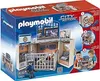 The image shows the packaging of a Playmobil police station playset, with illustrations of the product and children playing with it. Podgląd zdjęcia produktu