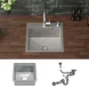 A stainless steel kitchen sink with a faucet and soap dispenser is shown on a wooden countertop, with a separate image of the sink and plumbing components below. Produktbild-Vorschau