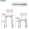 Two shower chairs are shown, one at maximum height and one at minimum height, with measurements indicated. Podgląd zdjęcia produktu