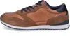 A side view of a brown and tan leather and suede sneaker with navy blue laces and accents. Produktbild-Vorschau