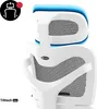 Close-up view of the headrest and upper back of a white ergonomic office chair with blue accents. Voir les images du produit