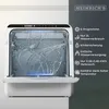 A mini dishwasher is shown with water spraying inside, and a list of its features is displayed on the right side. Produktbild-Vorschau