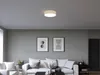 A modern living room with a sofa, coffee table, and artwork on the wall, featuring a ceiling light. Voir les images du produit