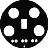 A black circular object with several white circular and rectangular cutouts, presented on a white background. Produktbild-Vorschau