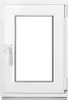 A white window frame with a clear glass pane, set against a white background. The window has a handle on the left side and hinges on the right. Produktbild-Vorschau