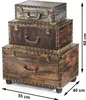 A stack of three vintage-style suitcases, varying in size, are displayed against a white background. Dimensions are indicated with measurement lines and text. Produktbild-Vorschau