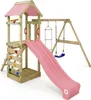 A wooden playground set with a pink slide and canopy, a swing, a climbing wall, and a sandpit. Podgląd zdjęcia produktu