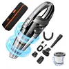 A handheld vacuum cleaner and its accessories are displayed against a white background, with blue light effects swirling around the vacuum. Produktbild-Vorschau