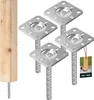 A product shot of four metal post anchors and a wooden post, with a small tag showing the product in use. Podgląd zdjęcia produktu