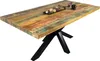 A dining table with a multi-colored wooden top and a black metal base. Produktbild-Vorschau