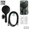 A black shower head set with hose and wall mount, displayed with packaging and feature icons. Anteprima dell’immagine prodotto