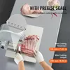 A commercial electric meat band saw is shown in use, with a close-up of a ruler indicating precise cutting measurements. Text highlights the product's features and specifications. Náhled obrázku produktu