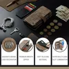 A flat lay of a brown leather wallet phone case with various accessories and marketing text. Produktbild-Vorschau