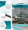 A turquoise patio umbrella is set up next to a swimming pool, with chairs and a table in the background. The image includes close-up insets highlighting product features. Podgląd zdjęcia produktu