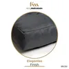 Close-up of a dark gray cushion corner with branding and text. Produktbild-Vorschau