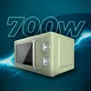 A retro-style microwave oven is shown with a neon blue "700W" text overlay and electric bolt graphics in the background. Produktbild-Vorschau