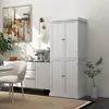 A white storage cabinet with four doors is shown in a room with a chair, a table, and a painting on the wall. Náhled obrázku produktu