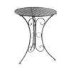 A round metal garden table with an ornate, perforated top and decorative scrollwork on the legs, set against a white background. Podgląd zdjęcia produktu