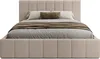 A beige upholstered bed with pillows and a throw blanket. Produktbild-Vorschau