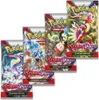 A collection of Pokémon Scarlet & Violet trading card booster packs arranged in a stepped pattern. Produktbild-Vorschau